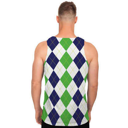 Green White And Navy Argyle Print Men's Tank Top