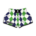 Green White And Navy Argyle Print Muay Thai Boxing Shorts