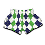 Green White And Navy Argyle Print Muay Thai Boxing Shorts