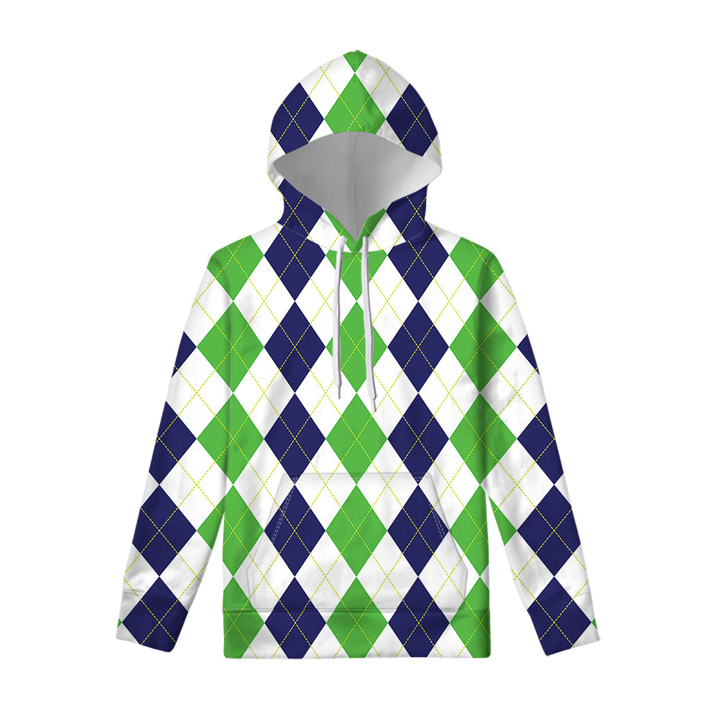 Green White And Navy Argyle Print Pullover Hoodie