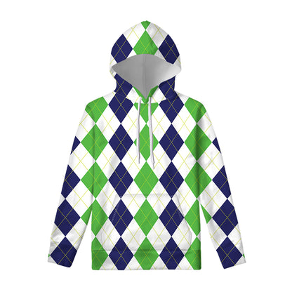 Green White And Navy Argyle Print Pullover Hoodie