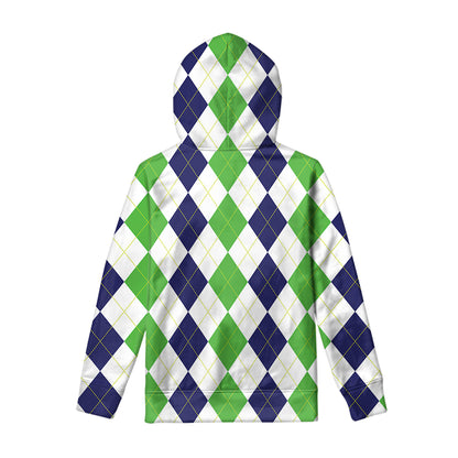 Green White And Navy Argyle Print Pullover Hoodie