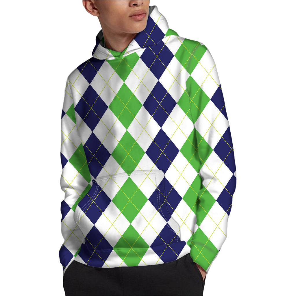 Green White And Navy Argyle Print Pullover Hoodie