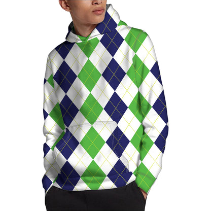 Green White And Navy Argyle Print Pullover Hoodie