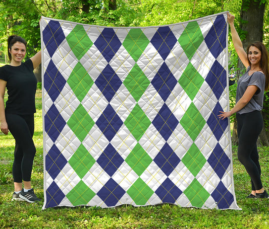 Green White And Navy Argyle Print Quilt