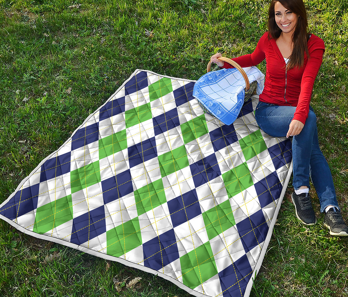 Green White And Navy Argyle Print Quilt