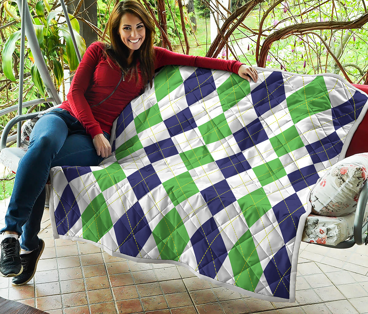 Green White And Navy Argyle Print Quilt