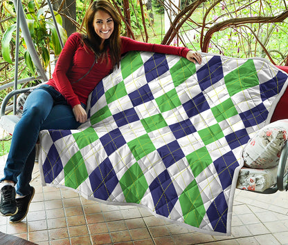 Green White And Navy Argyle Print Quilt