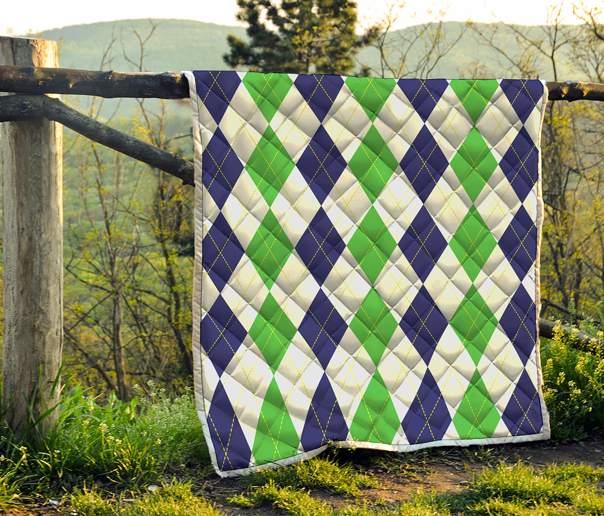 Green White And Navy Argyle Print Quilt