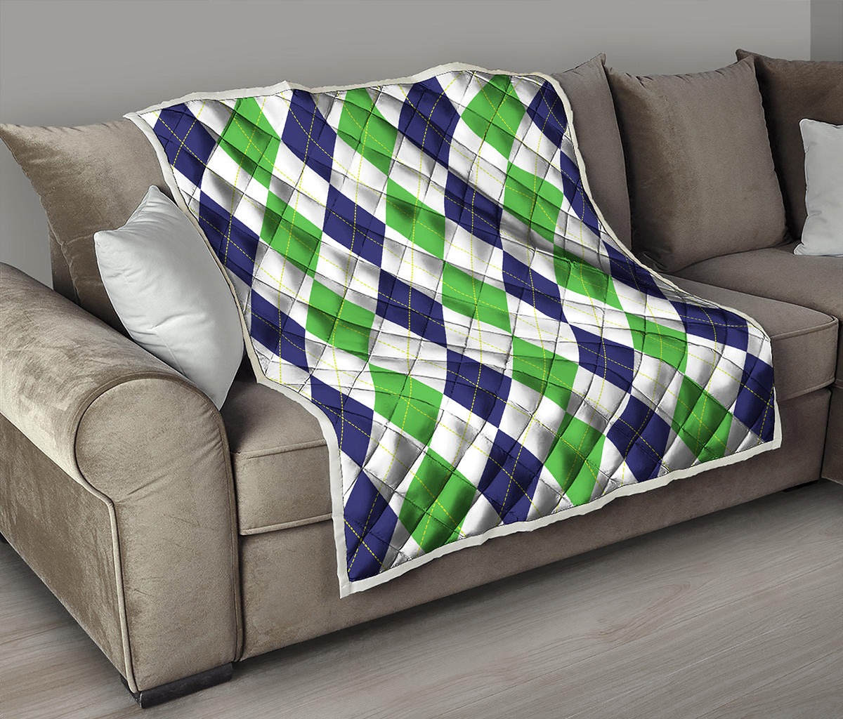 Green White And Navy Argyle Print Quilt