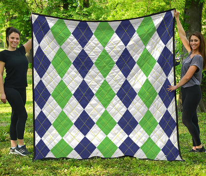 Green White And Navy Argyle Print Quilt