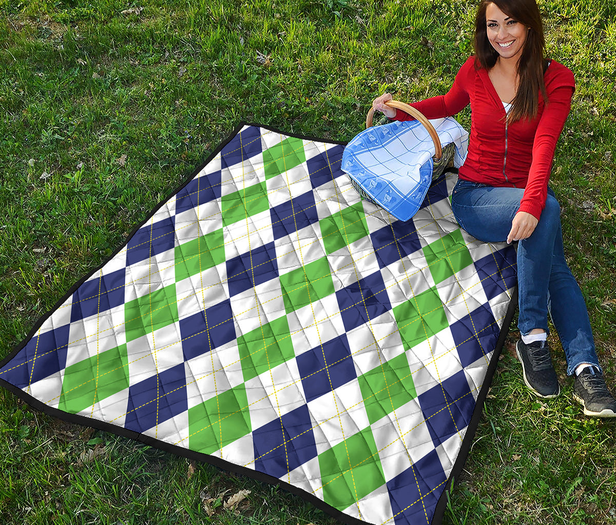 Green White And Navy Argyle Print Quilt