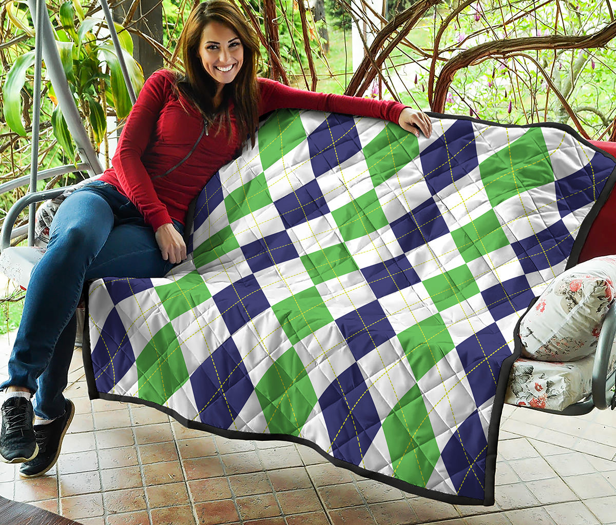 Green White And Navy Argyle Print Quilt