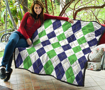 Green White And Navy Argyle Print Quilt