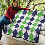 Green White And Navy Argyle Print Quilt