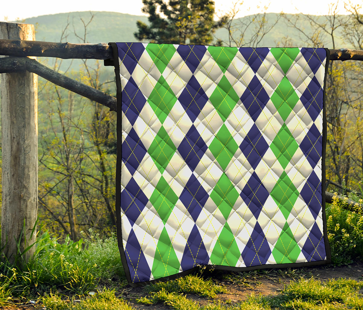 Green White And Navy Argyle Print Quilt