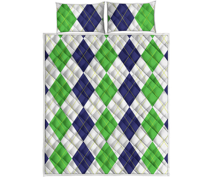 Green White And Navy Argyle Print Quilt Bed Set