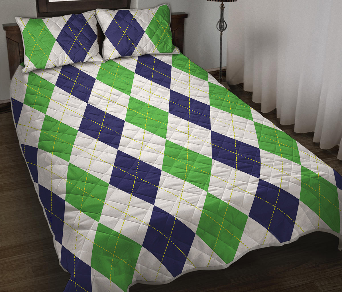 Green White And Navy Argyle Print Quilt Bed Set