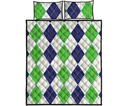 Green White And Navy Argyle Print Quilt Bed Set
