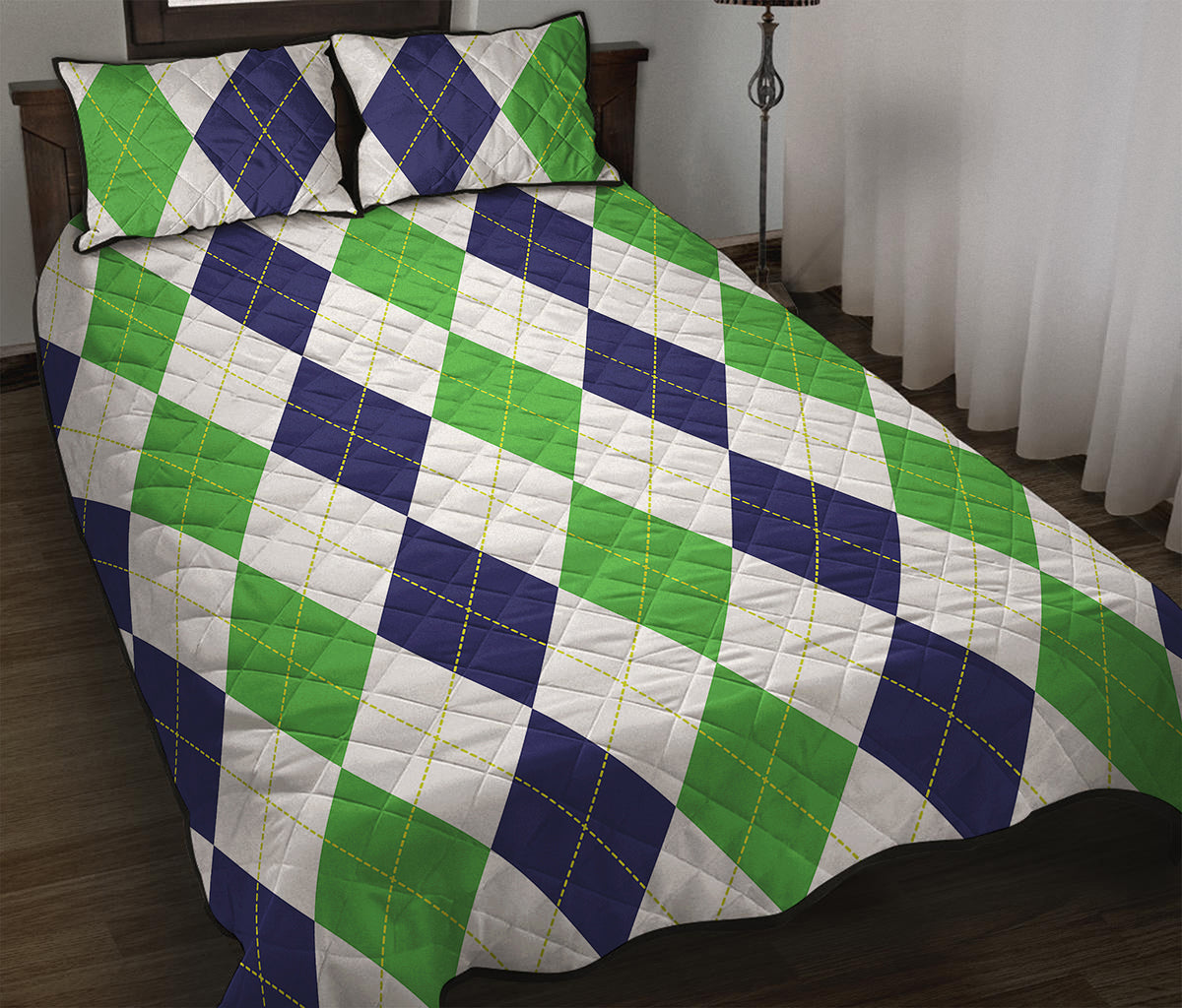 Green White And Navy Argyle Print Quilt Bed Set