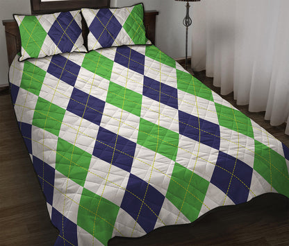 Green White And Navy Argyle Print Quilt Bed Set