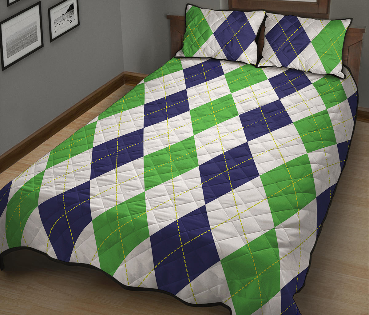 Green White And Navy Argyle Print Quilt Bed Set