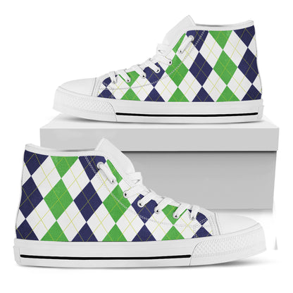 Green White And Navy Argyle Print White High Top Shoes