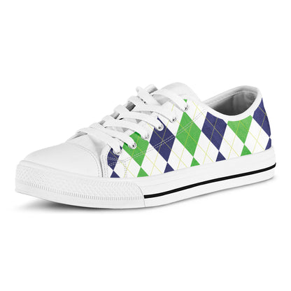 Green White And Navy Argyle Print White Low Top Shoes