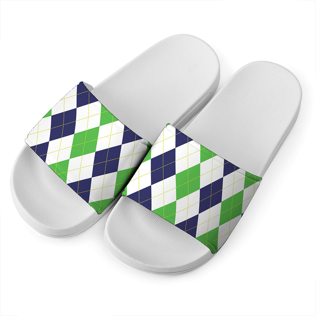 Green White And Navy Argyle Print White Slide Sandals