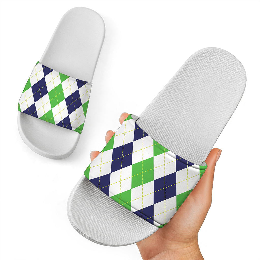 Green White And Navy Argyle Print White Slide Sandals