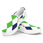 Green White And Navy Argyle Print White Slip On Shoes