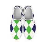 Green White And Navy Argyle Print White Slip On Shoes