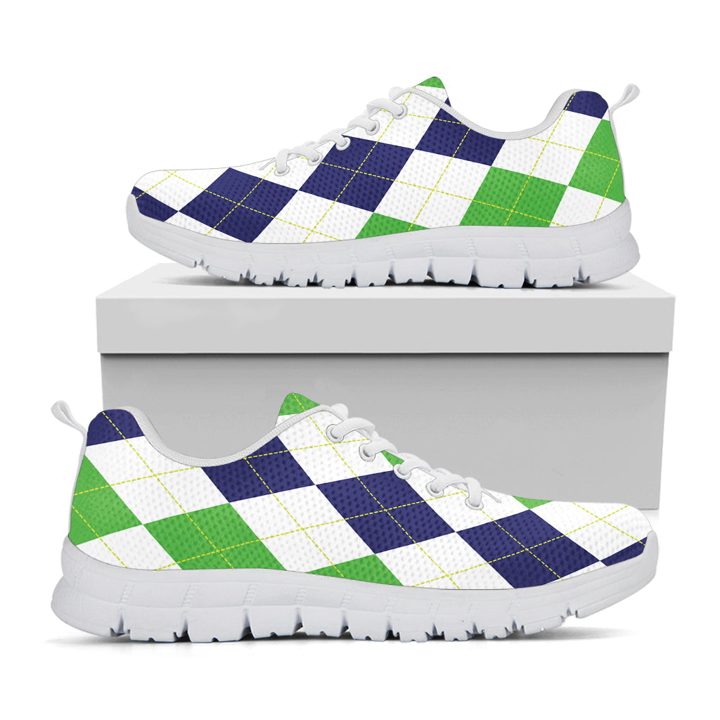 Green White And Navy Argyle Print White Sneakers