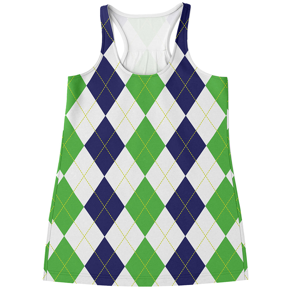 Green White And Navy Argyle Print Women's Racerback Tank Top