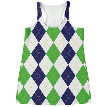 Green White And Navy Argyle Print Women's Racerback Tank Top