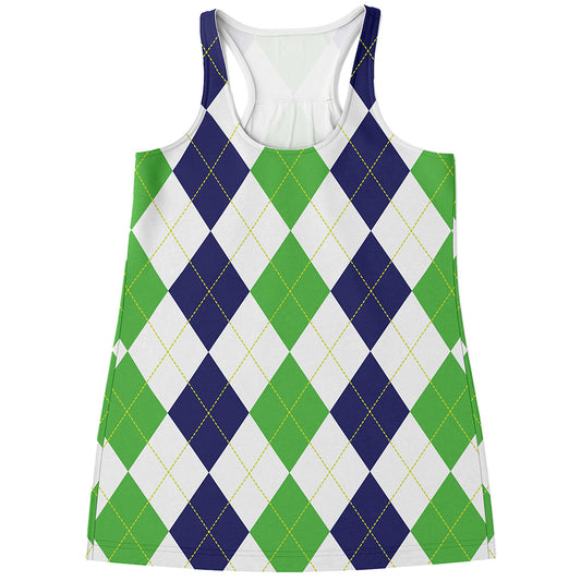 Green White And Navy Argyle Print Women's Racerback Tank Top