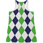 Green White And Navy Argyle Print Women's Racerback Tank Top