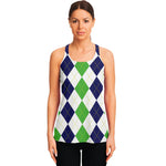 Green White And Navy Argyle Print Women's Racerback Tank Top