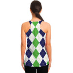 Green White And Navy Argyle Print Women's Racerback Tank Top
