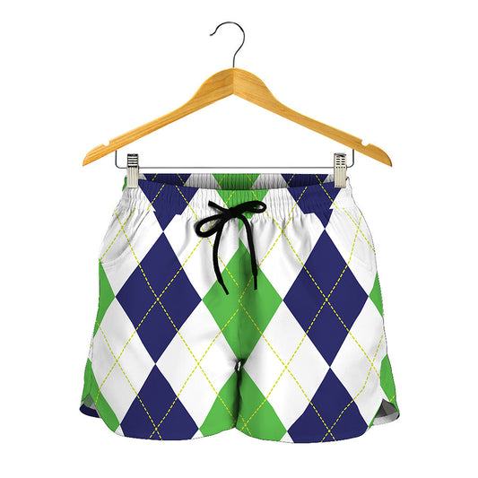 Green White And Navy Argyle Print Women's Shorts