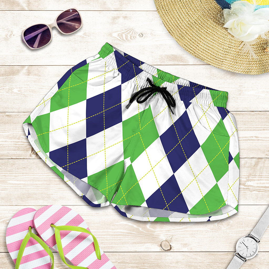 Green White And Navy Argyle Print Women's Shorts