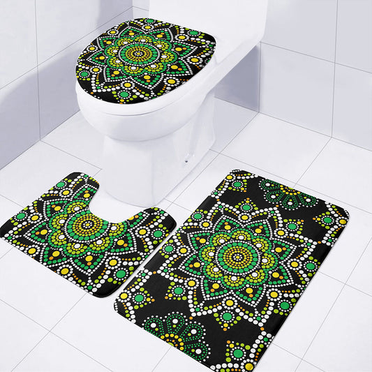 Green White Dot Mandala Print 3 Piece Bath Mat Set