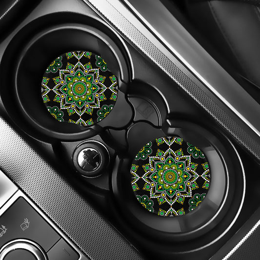 Green White Dot Mandala Print Car Coasters