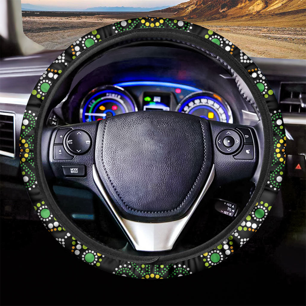 Green White Dot Mandala Print Car Steering Wheel Cover