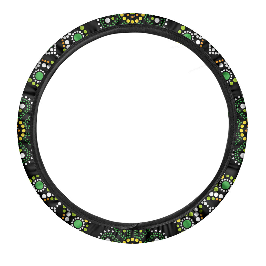 Green White Dot Mandala Print Car Steering Wheel Cover