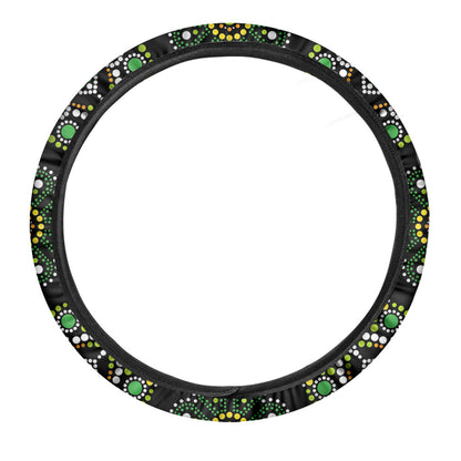 Green White Dot Mandala Print Car Steering Wheel Cover