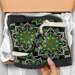 Green White Dot Mandala Print Comfy Boots GearFrost