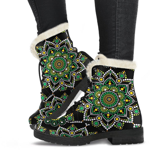 Green White Dot Mandala Print Comfy Boots GearFrost