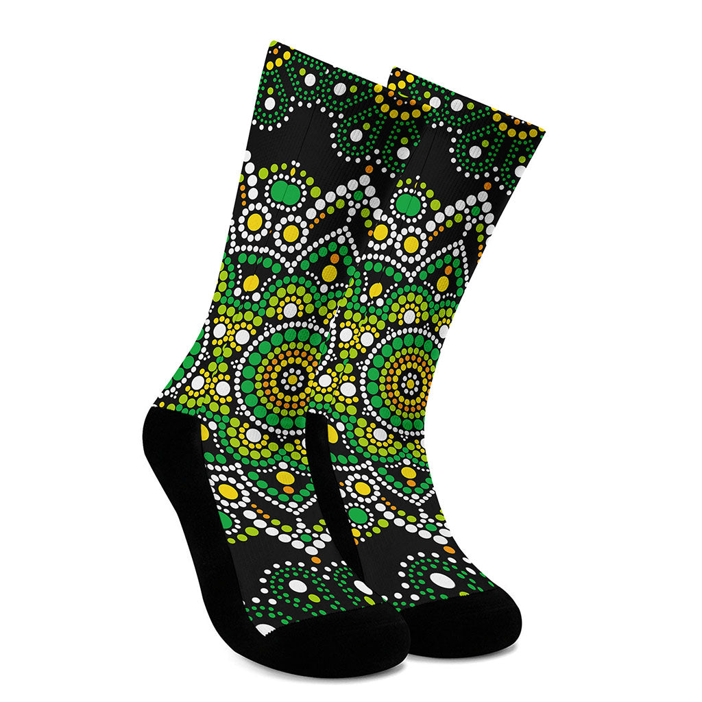 Green White Dot Mandala Print Crew Socks
