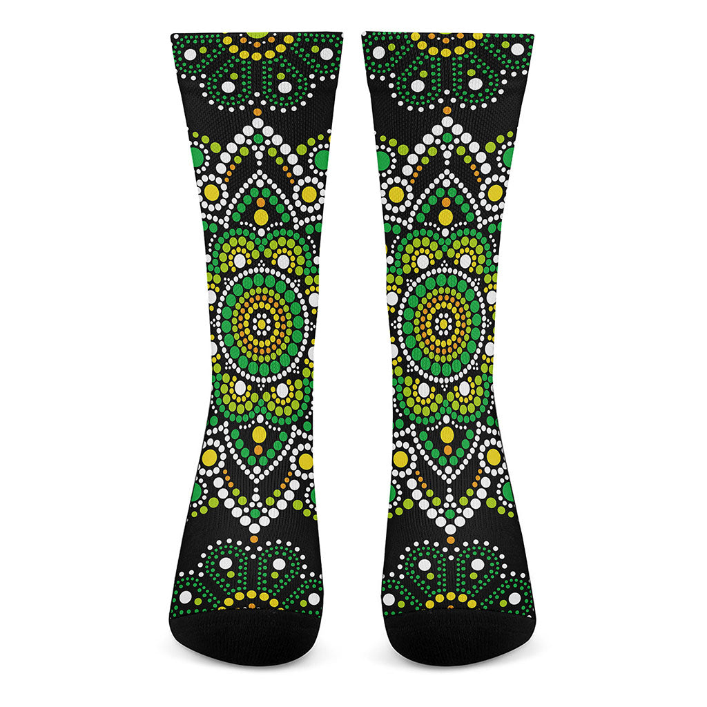 Green White Dot Mandala Print Crew Socks